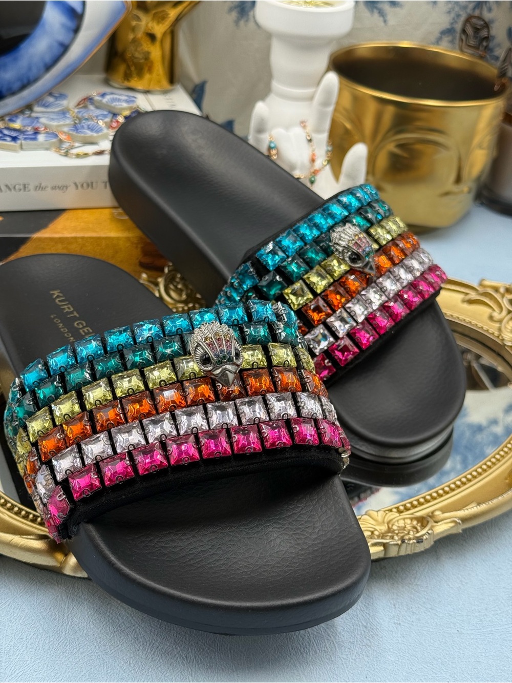 🧿🧿 KURT GEIGER LONDON Meena Eagle Jewel Crystal Studded Slide, Black Rainbow - Picture 9 of 14